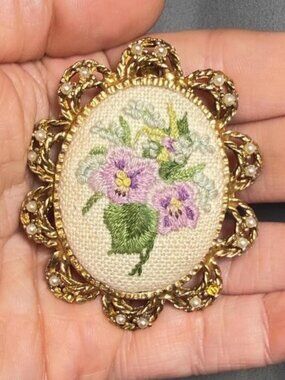 Vintage Needlepoint Floral Brooch Purple Flowers Gold Tone Frame Embroidery